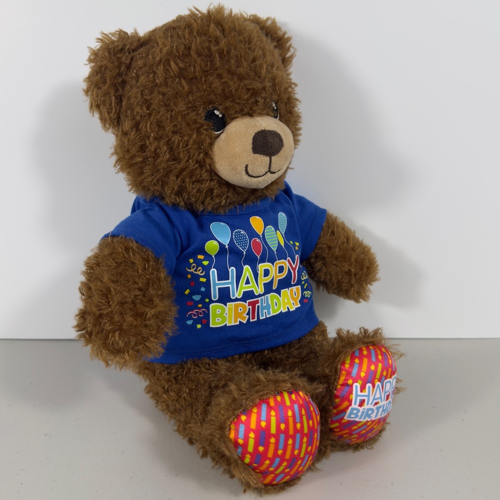 Build-A-Bear Workshop Birthday Treat Bear Brown Plush 16in Blue Shirt 027438